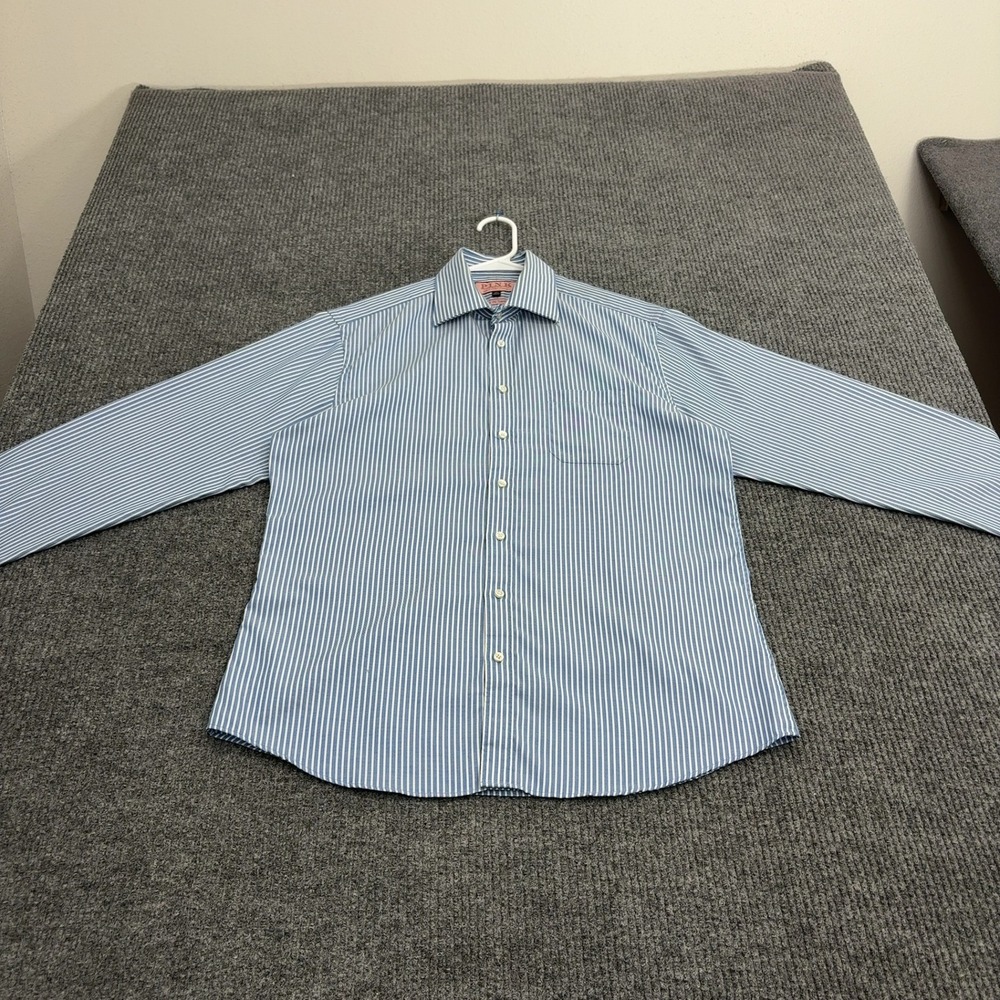 Thomas Pink Dress Shirt Mens 16 Blue White Cotton Striped Slim Fit Traveller